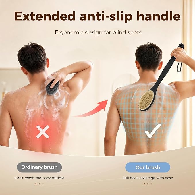 Back Scrubber for Shower with Long Handle, Exfoliating for Body,Black | Double Sided Bristles (Stiff & Soft), Anti-Slip Grip, Lightweight - Gift for Seniors, Includes Lanyard & Hook