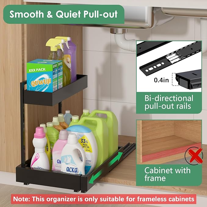 REALINN L-Shaped Under Sink Organizer with 6-Level Height Adjustment & Expandable Width, Pull-Out Cabinet Storage Rack with Quiet Sliding Rails for Kitchen, Bathroom, Black, 2 Pack