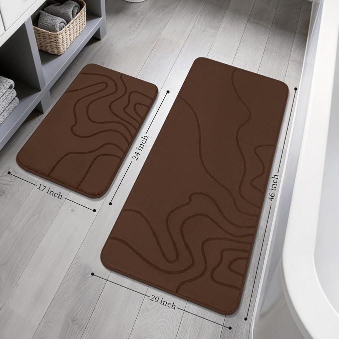 YIHOUSE Memory Foam Bathroom Rugs Sets 2 Piece - Extra Thick Ultra Soft Absorbent Bath Mat Set, Non-Slip Machine Washable Bath Rugs for Bathroom, Tub & Shower, Home Decor (17"x24"+20"x46", Coffee)