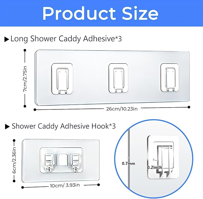 Shower Caddy Adhesive Replacement Hooks, Heavy Duty Waterproof Strips, No Drilling for Bathroom Shelves, Kitchen Racks, and Soap Holders (Transparent-6 Pack 1&3 Hook)