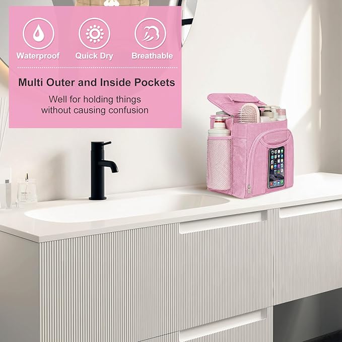 Attmu Shower Caddy Portable, Hanging Shower Bag for Dorm Room College, Large Capacity Quick Dry Mesh Tote Bag for Travel Camping Essentials (Light Pink)