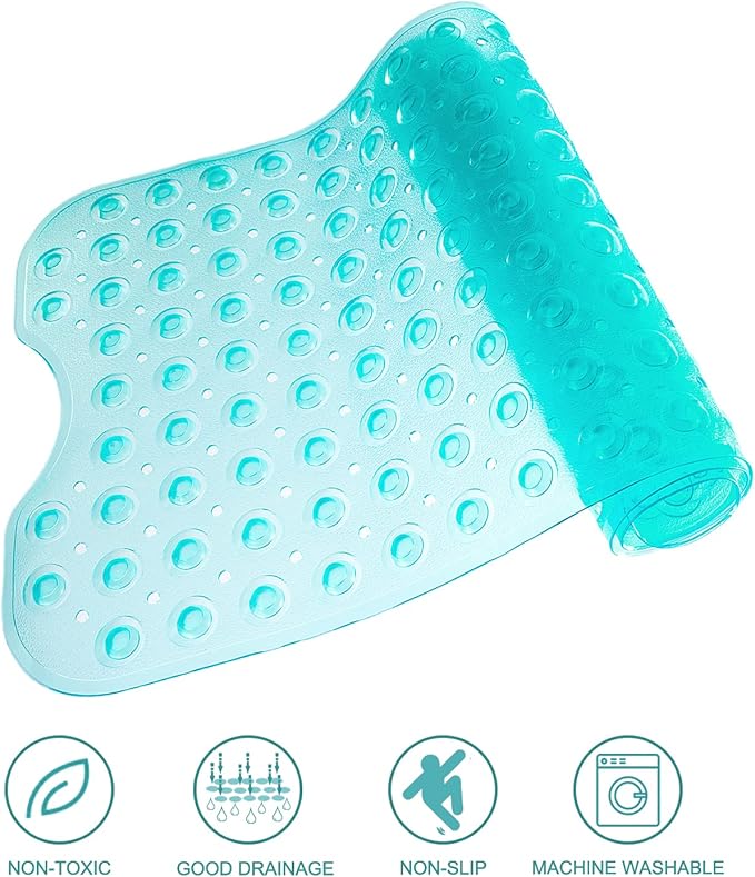 TEESHLY Bathtub Mats for Shower Tub, Extra Long Non-Slip 39 x 16 Inch Bath Mat with Drain Holes and Suction Cups, BathMat for Bathroom with Machine Washable (Clear Turquoise)