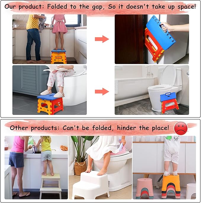 Kids Folding Step Stool for Toddlers Bathroom Sink – Safety Lock to Stable（1 Pack = Red+Blue）