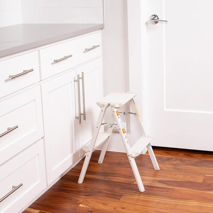BIRDROCK HOME 2 Step Compact Steel Step Ladder - Sturdy Thin Folding Stool - Anti-Slip Steps - Great for Your Kitchen, Pantry, Closets, or Home Office - Indoor Stool - Silver