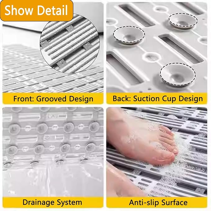 Bath Tub Shower Mat, 31 x 20 Inch, TPE Machine Washable Bathtub Floor Liner Bathroom Non-Slip Mats, Suction Cups and Drain Holes, Easy to Cut