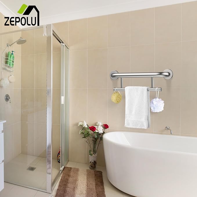 Brushed Nickel Towel Rack Grab Bar Combo, Zepolu Stainless Steel Safety Balanced Assist Support Handle 17 Inch, 2-in-1 Handicap Towel Bar, Wall Mounted Towel Holder for Senior Elderly Disabled