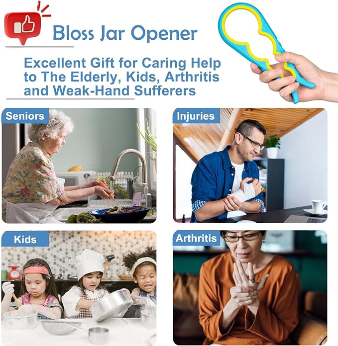 Jar Opener, Bloss Non Slip Jar Bottle Opener Jar Gripper for Weak Hands, Seniors With Arthritis and Children, 4 in 1 Multi-Function Colorful Can Opener Kitchen Tool Get Lids Off Easily, Blue Yellow
