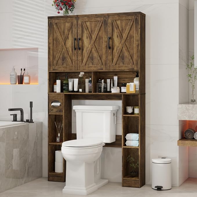 Over The Toilet Storage Cabinet, Farmhouse Toilet Cabinet Rack with 3 Barn Doors, Space Saving Bathroom Organizer with Shelves, Toilet Paper Holder and Towel Rack for Bathroom,Restroom, Dark Brown