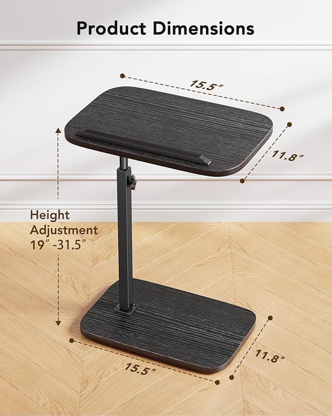 HUANUO Adjustable TV Tray, Height Adjustment TV Trays with 360° Swivel and 90° Tilt, Sturdy & Multi-Functional Sofa Table with Anti-Slip Bar, Space-Saving Side Table for Couch, Bedside, and Dining Use
