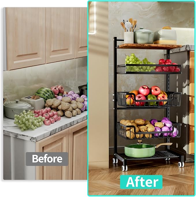 HapiRm Fruit Basket Kitchen Cart - Floor 5 Tier Adjustable Fruit and Vegetable Storage Rack, Large Capacity Rolling Kitchen Carts on Wheels for Pantry Snack Potato and Onion Storage