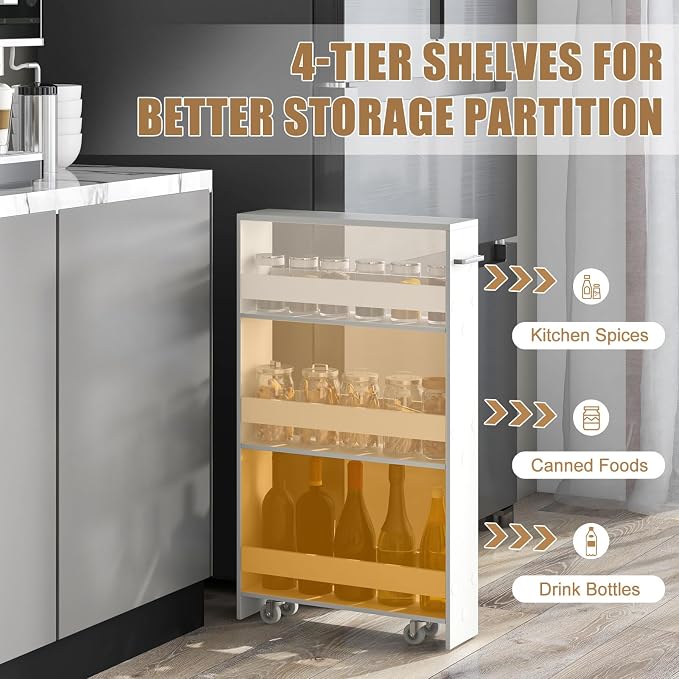 Giantex 4 Tier Rolling Slim Storage Cart, 5" Narrow Slide Out Kitchen Cart w/Handle & Open Shelves, Space-Saving Compact Mobile Utility Trolley for Small Space Laundry Room (White)