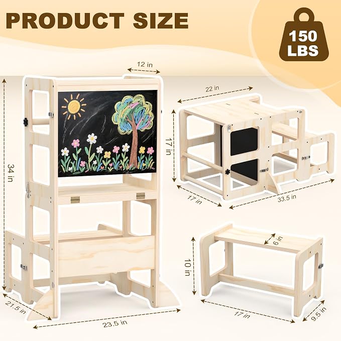 Toddler Kitchen Step Stool, 4-in-1 Foldable Standing Tower with Blackboard, Toddler Step Stool for Bathroom Sink, Kitchen Counter, Ages 18 Months+, 1-3 Year Old Boy Girl Gifts