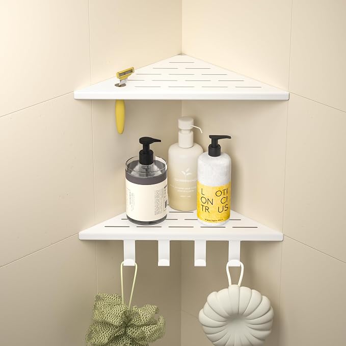 Corner Shower Shelf w/Hooks, Grout in Bathroom Shelves for Tiled Wall, 304 Stainless Steel Recessed Shower Shelf (Matte White, 10''-2pcs)