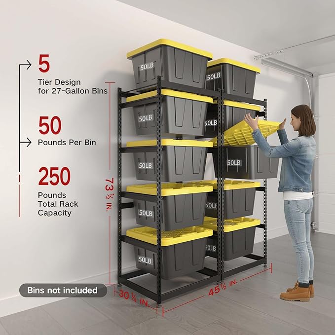 27 Gallon Tote Storage Rack, Heavy-Duty Storage Bin Rack Organizer, 5-Tier Standing Storage Bin Shelves, 250 lb Capacity, Maximize Space for Garage, Warehouse, Utility, 2 Pack Pro(Totes Not Included)