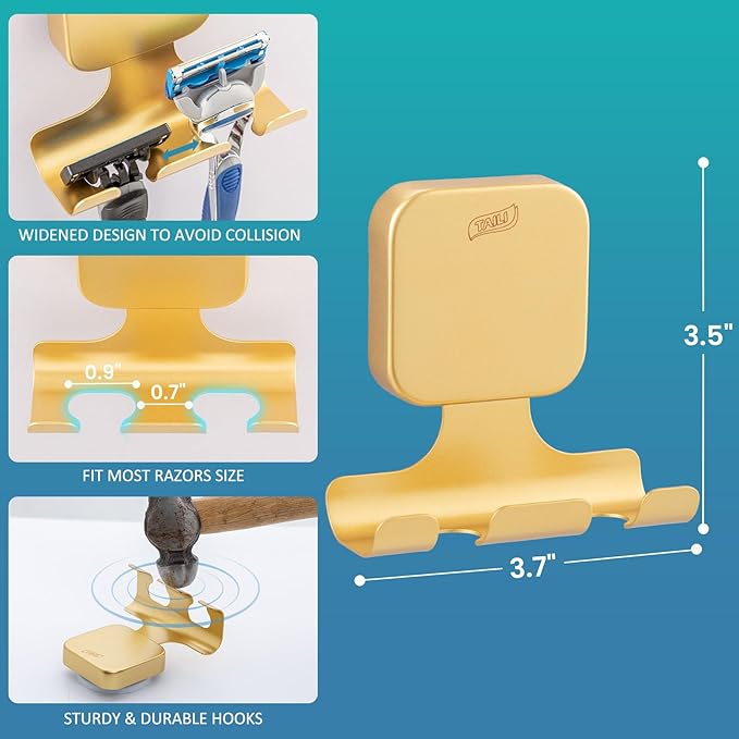 TAILI Powerful Suction Cup Razor Holder 2 Pack, Stylish 304 Stainless Steel Bathroom Suction Hooks for Towel, Loofah, Bathrobe, Shaver Holder for Shower Wall, Easy to Install and Reuse, Gold