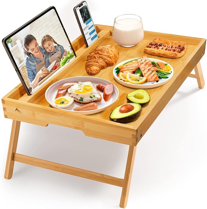Bamboo Bed Tray Table, Large Breakfast Tray with Folding Legs, Multipurpose Serving Tray Use As Portable Laptop Snack Table, for Working, Eating, Reading by Pipishell