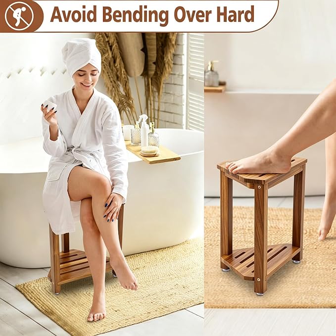 IBosins 16in Shower Foot Rest Corner Shower Stool for Shaving Legs with Storage Shelf Small Bench for Inside Shower to Sit on Bath Seat - Acacia Wood