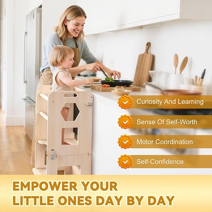 Woodure 3-in-1 Toddler Kitchen Step Stool, Foldable Learning Standing Tower with Blackboard, Wooden Kitchen Stool Helper for Kids