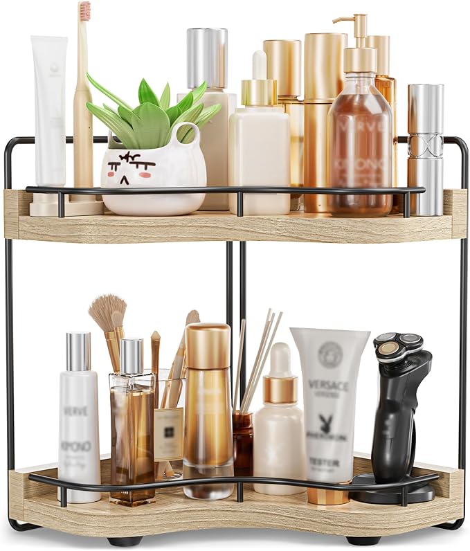 2-Tier Corner Bathroom Counter Organizer with Embedded Screw Holes, Secure & Stable Wood Vanity Shelf for Makeup and Skincare Essentials - Space Saving Bathroom Countertop Storage, ‎‎Light Walnut