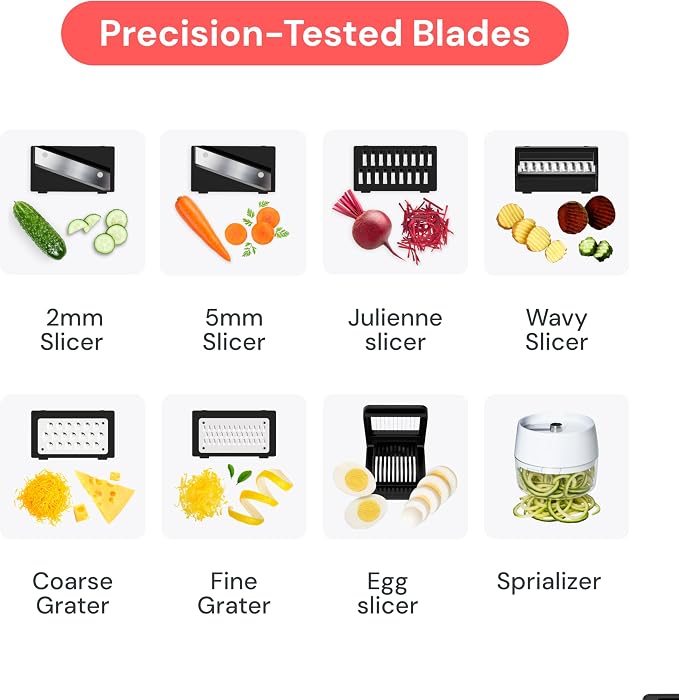 Fullstar Mandoline Slicer for Kitchen, Fruit Cutter, Cheese Grater, Cucumber Slicer, Veggie Spiralizer, Food Cutter & Kitchen Gadgets & Gifts with Safety Glove (11 in 1, White)
