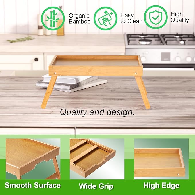 Fibogollo 4 Pack Bamboo Bed Tray Table with Folding Legs,Breakfast Trays,Serving Tray for Food and Snack,Laptop Trays for Working(Natural)