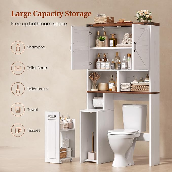 UPOSOJA Farmhouse Over The Toilet Storage Cabinet with Pulley Small Bathroom Storage Cabinet, Space Saver W/Adjustable Shelf & Open Shelf for Bathroom, Restroom, Laundry (White Brown-Type B)