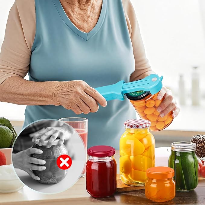 Jar Opener for Seniors with Arthritis, 7 in 1 Bottle Opener and Wine Corkscrew, Easy Grip Kitchen Gadget for Weak Hands Elderly, Retractable Jaw Lid Opener with Magnetic Storage (Teal)