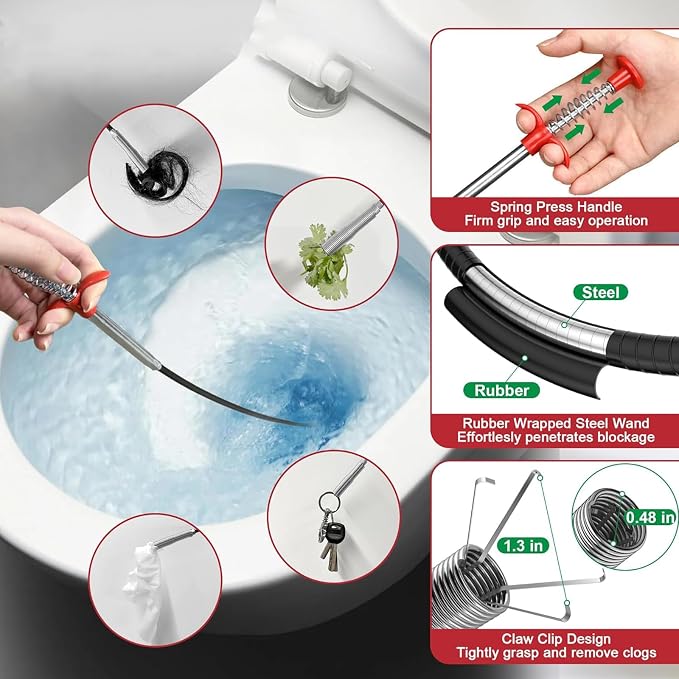 118" Flexible Grabber Claw Tool Reacher, Drain Snake Hair Drain Clog Remover Tool with 4 Claws Bendable Hose for Litter Pick, Home and Kitchen Sink, Drains, Toilet
