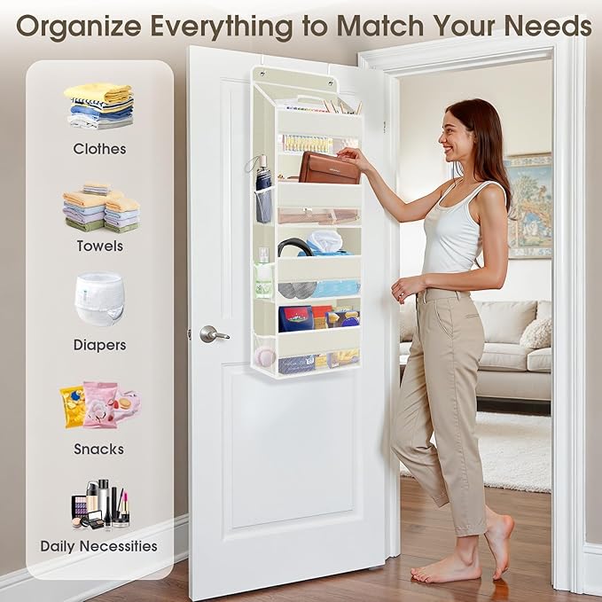 SpaceHacks 2 Pack Over The Door Organizer, Hanging Storage Organizer with Clear Window, 40lb Ultra Sturdy Large Capacity Room Organizer for Pantry Laundry Bathroom Nursery Closet (Beige)