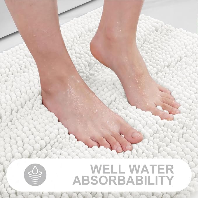 Grandaily Chenille Striped Bathroom Rugs 24x16, Extra Thick and Absorbent Bath Mats, Non-Slip Soft Plush Shaggy Shower Carpet, Machine Wash Dry, Bath Rug for Bathroom, (Small, Ivory)