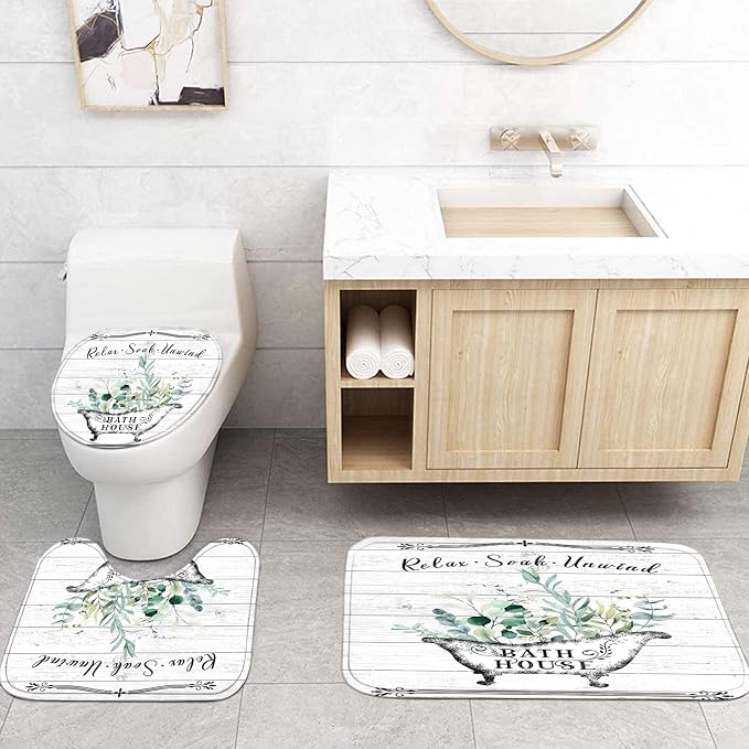 Nkzply 4 Pcs Farmhouse Shower Curtain Rustic Bathroom Sets with Shower Curtain and Rugs Floral Shower Curtain Set Green Leaves Bathroom Decor Vintage Bathroom Rugs Set Toilet Lid Cover Hooks