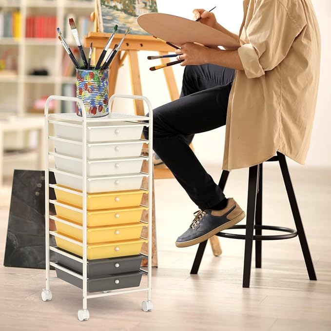 10-Drawer Rolling Storage Cart, Trolley w/Lockable 360° Wheels, 10 Removable PP Drawers, Sturdy Metal Frame, Rolling Utility Cart Perfect for Home, Office, Classroom (Yellow)