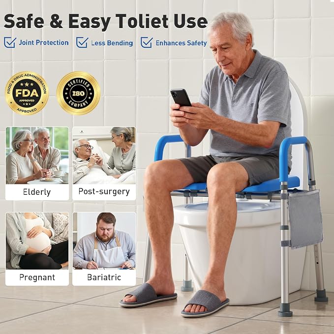WHLICKS 500lbs Toilet Seat Risers with Handles, Padded Raised Toilet Seat for Seniors, Adjustable Height Toilet Riser, Handicap Elevated Seat, Fit Any Toilet, Blue