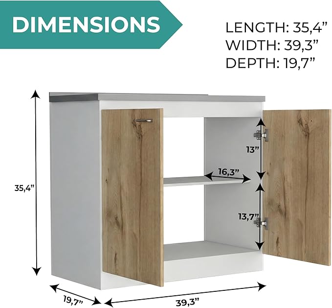 Tuhome Napoles Utility Sink Base Cabinet with Integrated Stainless Steel Countertop, Freestanding Cabinet with Double Doors, Interior Shelf for Laundry Room, Utility Room, Mudroom or Kitchen