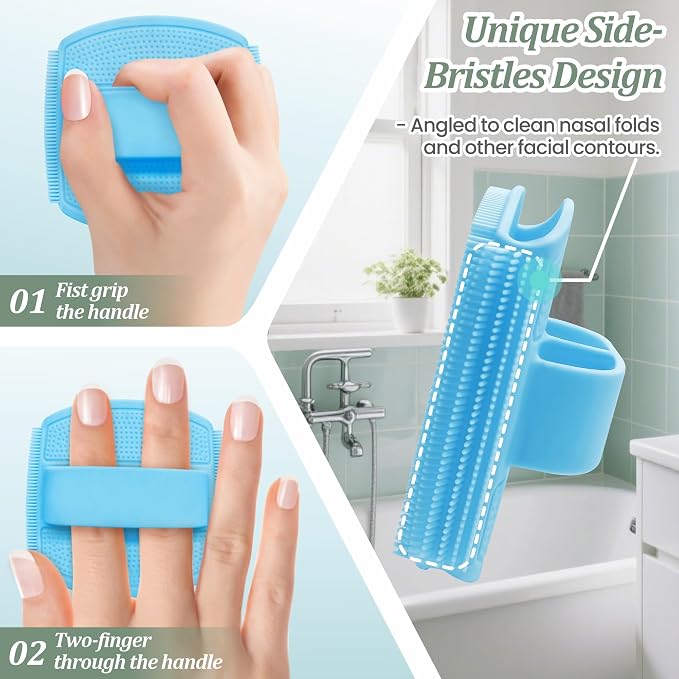 Silicone Back/Body/Face Scrubber & Lymphatic Contour Face Brush Set 4PCS, 13.4'' Soft Back Scrubber, 360° Anti-Slip Bath Glove, Unique Side-bristled Face Scrubber for All-Round Cleaning(Blue)