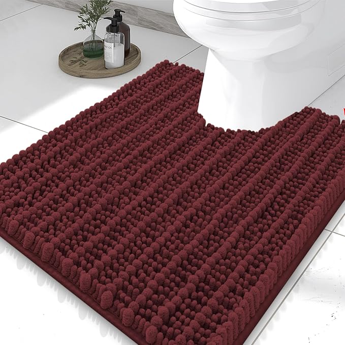 Smiry Bathroom Toilet Rugs U Shaped 24x20, Extra Soft Absorbent Non Slip Rubber Backing Chenille Contour Bath Rugs for Toilet, Machine Washable Contoured Bath Mats, Caramel Red