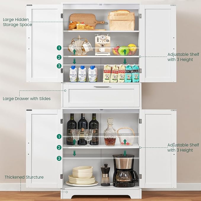 Iwell 67" Tall Storage Cabinet, Rattan Cabinet with 2 Adjustable Shelves & Large Drawer, Pantry Cabinets for Kitchen, Living Room, Home Office, Natural | Adjustable Shelf