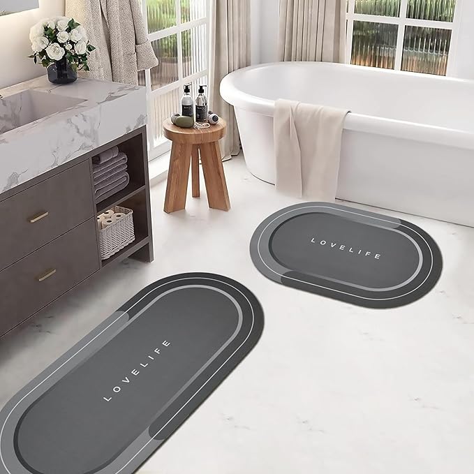 Rubber Bath mats Quick-Drying Non-Slip Bathroom mat Super Absorbent Bath mat Instant Dry Bath mat, Bathroom Rug in Front of The Kitchen Sink, Shower Room, Bathtub, Oval(Dark grey+16.9x26.7+16.9x35.4)