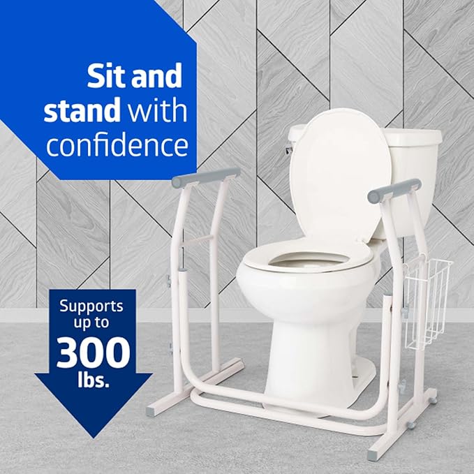 Medline Free-Standing Toilet Safety Rail for Bathroom, Toilet Seat Riser for Seniors, 26.5"-Wide Rail Base, Supports up to 300 lbs