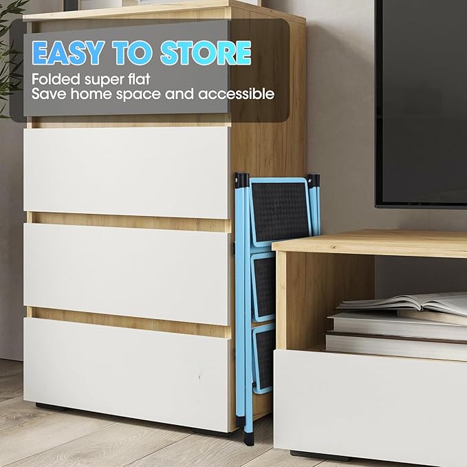 3 Step Ladder, Folding Step Stool for Adults, Lightweight Aluminum Step Ladder, Portable 330 LBS Capacity Ladders for Home Kitchen Library Office, Small Step Stools with Anti-Slip Wide Pedals, Blue