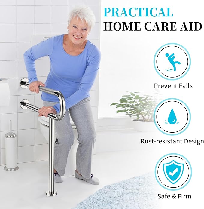 Toilet Support Rail 32 Inch, Munzong Anti-Slip Chrome Handicap Grab Bar for Bathroom, Stainless Steel Knurled Safety handrails with Leg for Elderly Disabled Pregnant-1.25’Tube