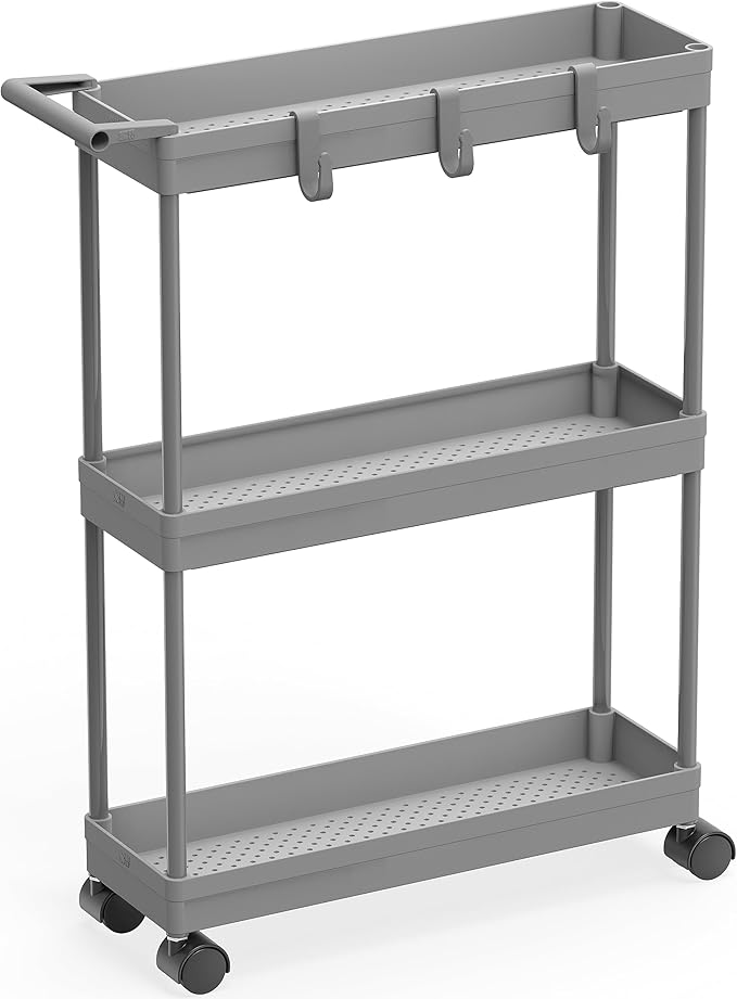 Simple Houseware 3-Tier Slim/Narrow Storage Cart with Handle, 5.5'' Wide x 27.5'' Height Rolling Organizer for Kitchen, Bathroom, Laundry Room - Grey