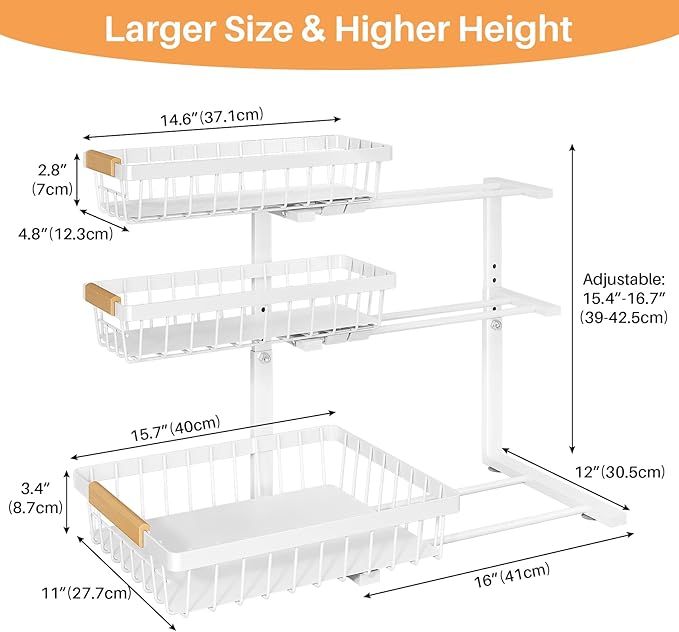 PXRACK Under Sink Organizer, 1-Pack 3-Tier Height Adjustable Thickened Metal Pull out Cabinet Organizer Shelf, Slide out Storage Drawer Rack for Bathroom Kitchen Pantry Home Organization, White