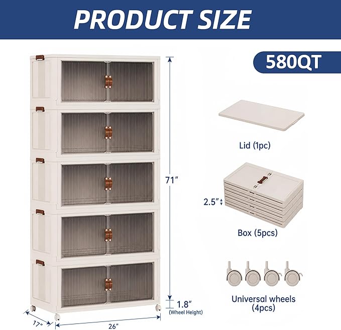 SAILUN 145Gal/580Qt Stackable Storage Bins Folding Collapsible Storage Bins with a Lid, Closet Organizers and Storage,Blush White 26" W x 17" D x 71" H