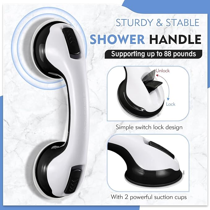 KVANT Grab Bars for Shower, 12 Inch Shower Handle Strong Suction Shower Grab Bar for Shower Chair Stool, Bathtub Rails for Seniors, Elderly, Handicap (2 Pack) - Black