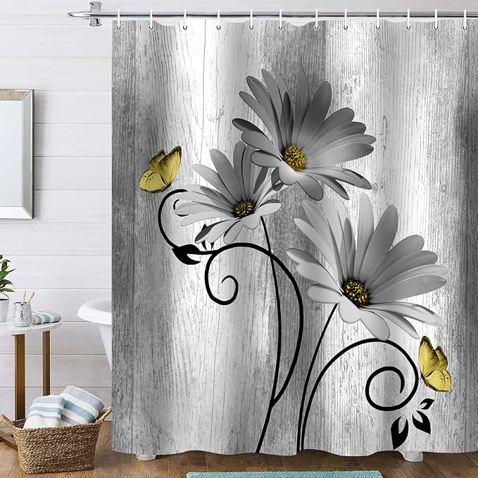 Onalasyc 4PCS Grey Daisy Flowers Butterfly Shower Curtain Set with Shower Curtain and Carpet and Accessories, Waterproof Bathroom Shower Curtain Decorative Set with 12 pcs Hooks,71 x 71in