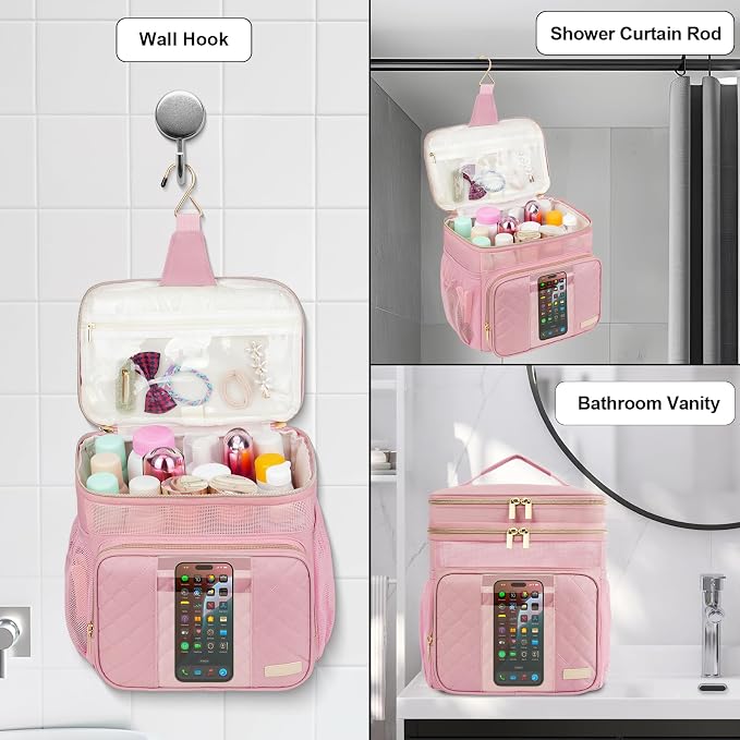 Portable Shower Caddy College Dorm Essentials, Large Toiletry Bag for Women Men, 2 Layers Quickly Dry Mesh Bathroom Tote Bag, Hanging Makeup Organizer Bag for Travel, Gym, Camping (Pink)