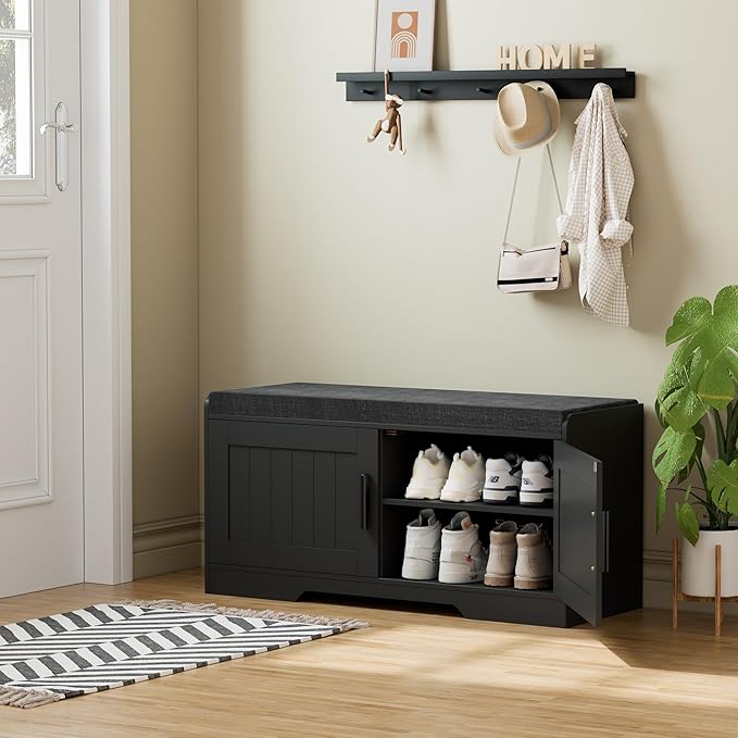 Homleke 2-Tier Storage Bench, Shoe Bench with Thickened Padded Seat Cushion, Entryway Bench with 2 Doors, Adjustable Shelf, 13.8" D x 37.4" W x 18.5" H, for Entryway, Living Room, Bedroom, Black