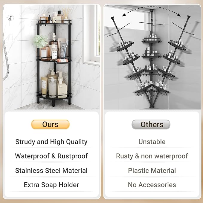 ELYKEN Corner Shower Caddy Standing, 3 Tier Rustproof Metal Shower Organizer with Soap Holder, Floor Shower Corner Shelf Rack Storage Stands with Adjustable Feet & 2 Hooks for Bathroom, Black