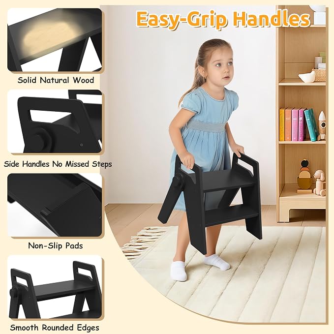 Wooden 2 Step Stool for Toddler Kids Bathroom Foldable 2-Step for Toilet Potty Training, Child Stepping Stool for Kitchen Nursery Bedroom